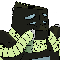 Beck, a black and green robot with a mask, looking to the right